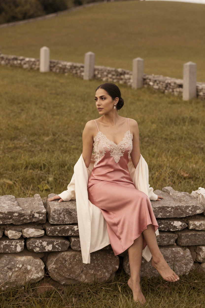 Boudoir portrait of Noor, a fictional twenty-seven-year-old woman with dark hair in a low bun, wearing